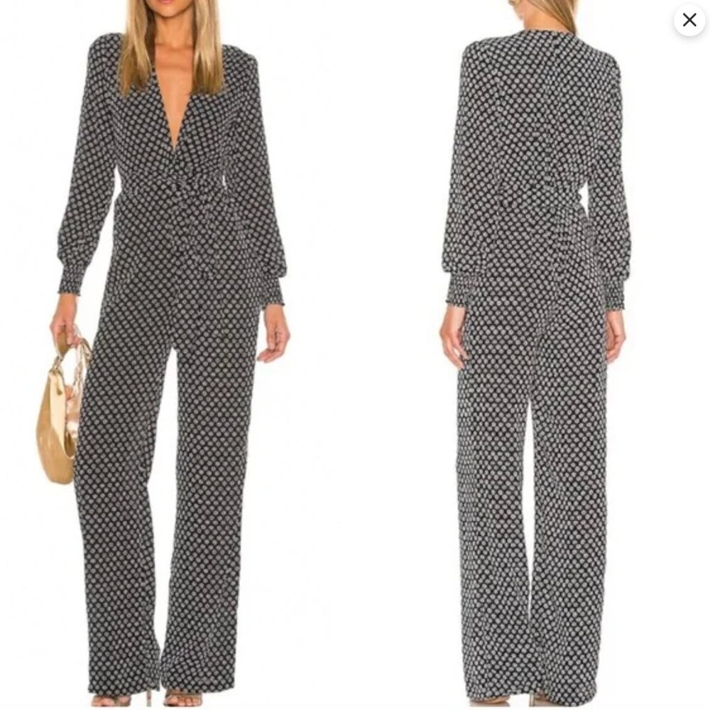 RESA x REVOLVE ROSIE WRAP JUMPSUIT BLACK WHITE DAISY PRINT XS